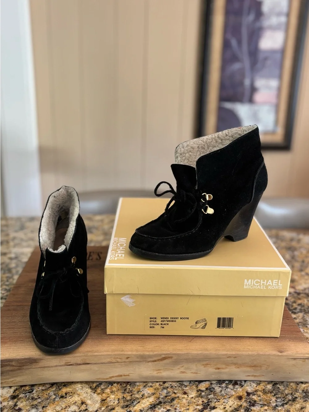 Michael Kors Black Suede Shearling-Lined Lace-Up Ankle Boots
